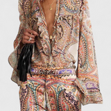 Elegants Paisley Drukas Kompleks ar Šarmantu Ruffles Blūzi