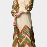 Avenza Puff Sleeve Bodysuit ar Chevron Rakstu Midi Svārkiem