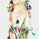 Avenza Puff Sleeve Bodysuit ar Chevron Rakstu Midi Svārkiem