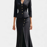 Natalina Chic Ecru Tailored Suit with Flowing Long Wrap Skirt